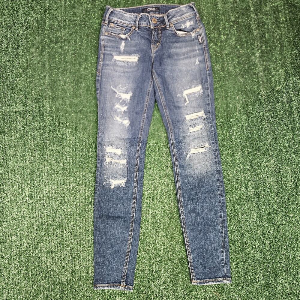 Silver Jeans Womens 24 Blue Denim Suki Skinny Low Rise Distress Stretch Grunge